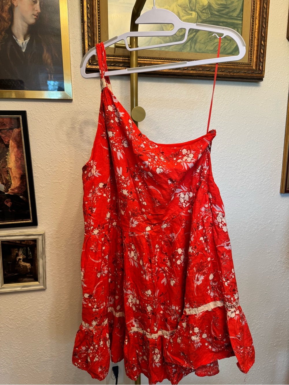 Free People “All Mine” Red Floral One-Shoulder Sundress Size Large